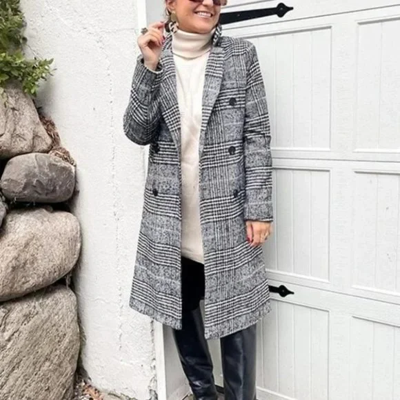 plaid Print Double Breasted Pea Overcoat jacket fall/winter - Picture 2 of 15